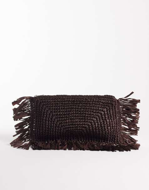 South Beach straw fringe clutch purse in chocolate brown - view 1