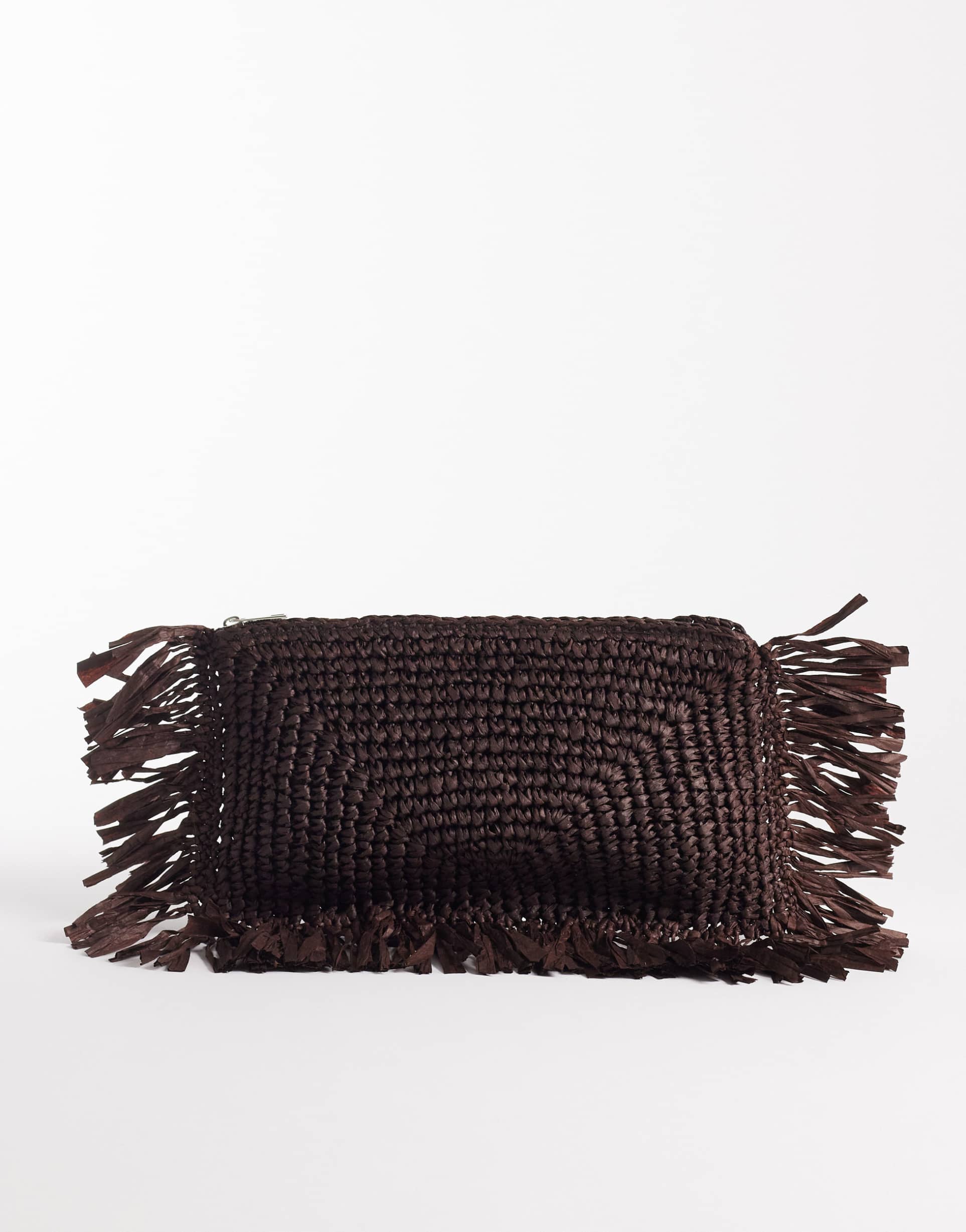 south beach straw fringe clutch purse in chocolate brown