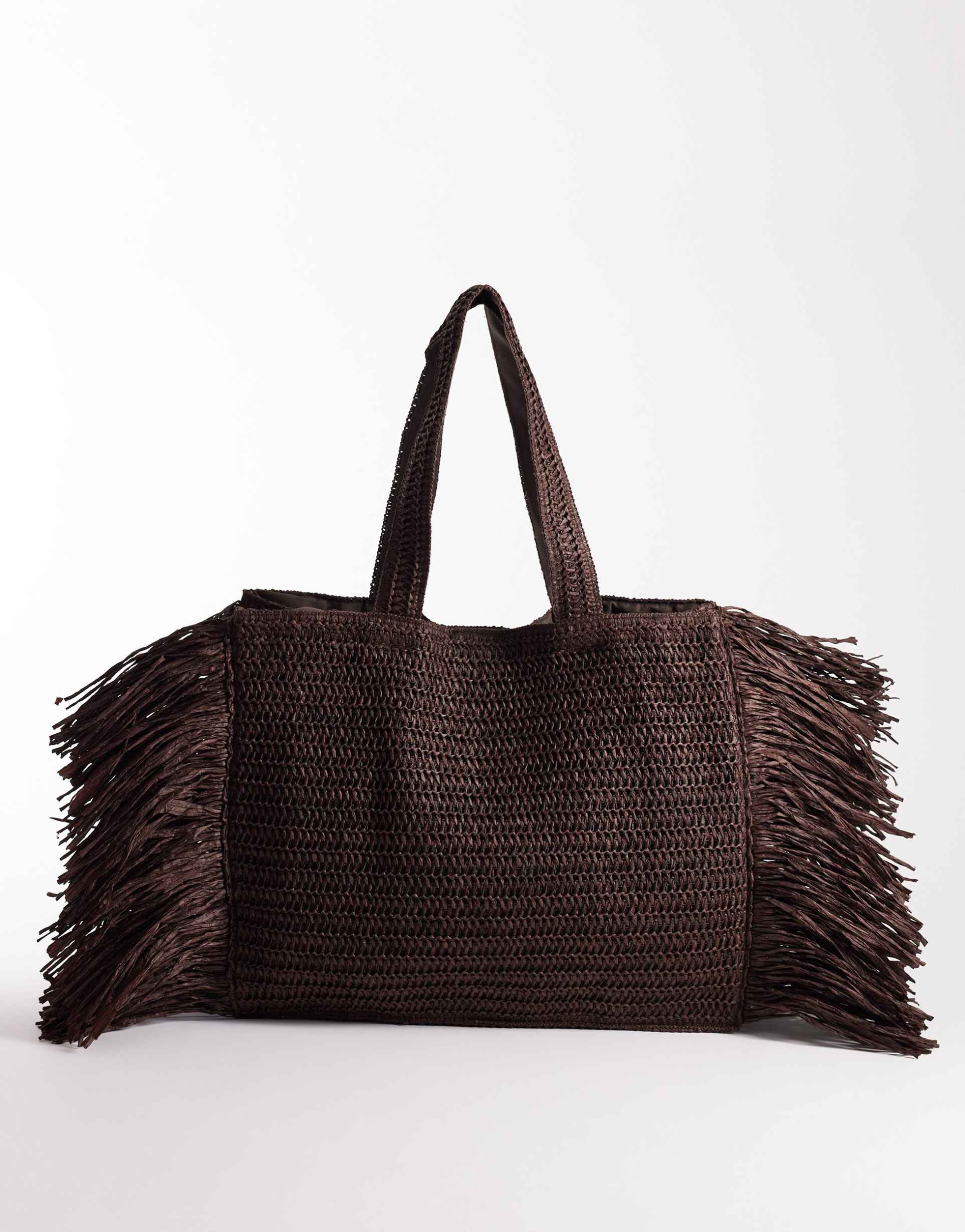 south beach straw fringe tote shoulder bag in chocolate brown