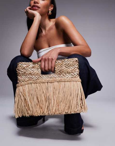 South Beach straw fringed clutch bag in beige - view 1