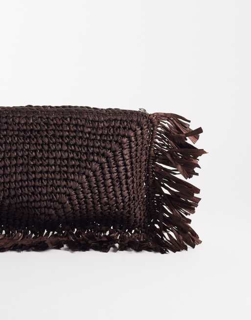 South Beach straw fringed clutch bag in chocolate brown , 3 of 4