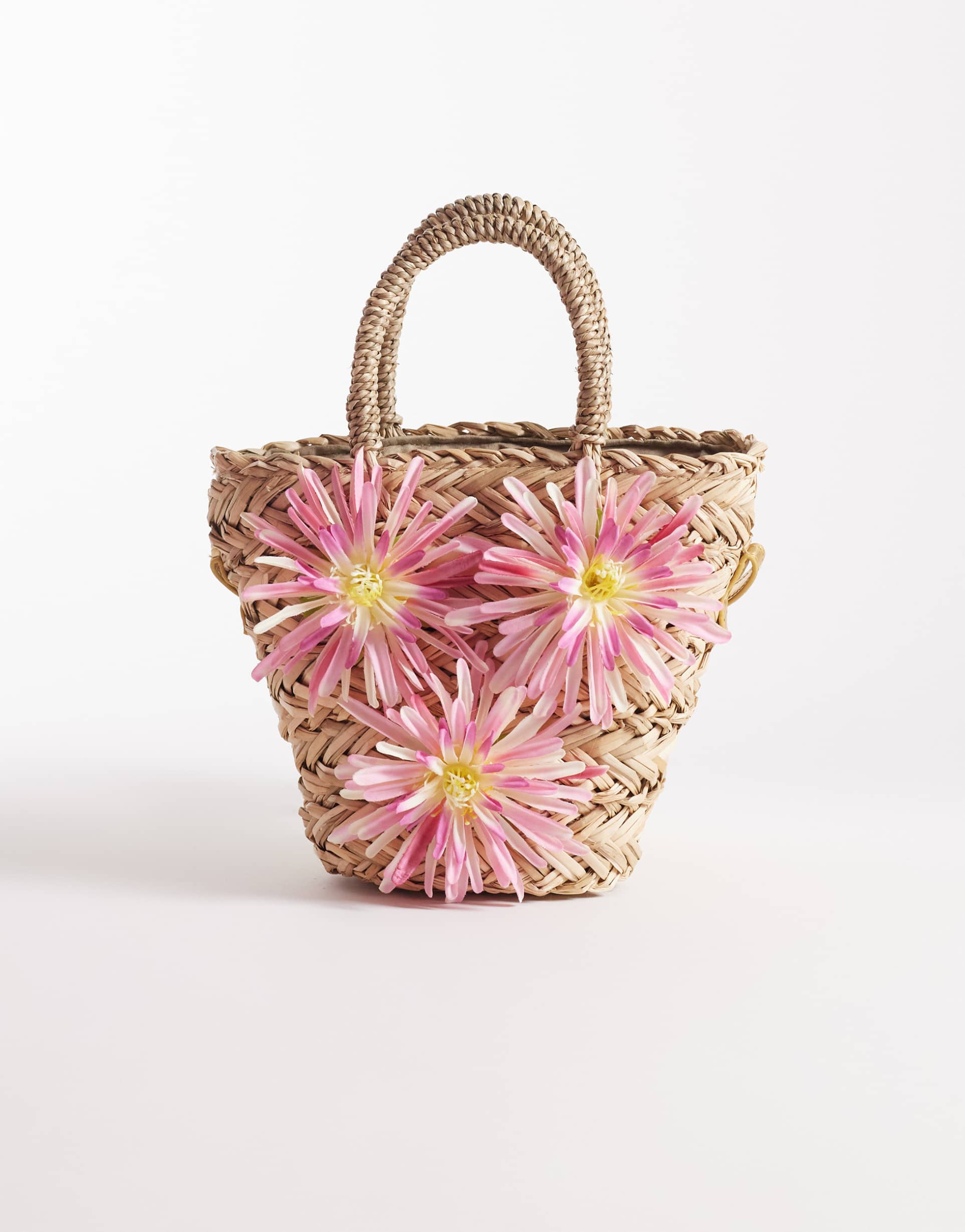 south beach straw grab bag with floral embellishment in natural