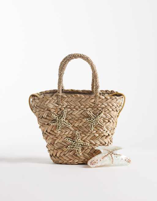 South Beach straw grab bag with pearl starfish embellishment in natural , 2 of 4