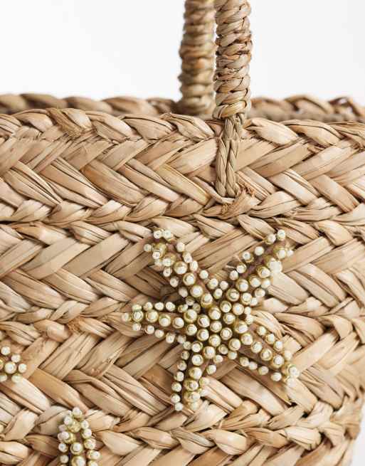 South Beach straw grab bag with pearl starfish embellishment in natural , 3 of 4