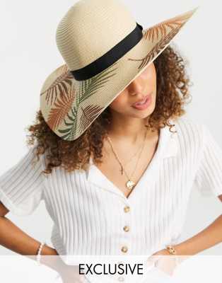 South Beach straw hat with palm print in natural