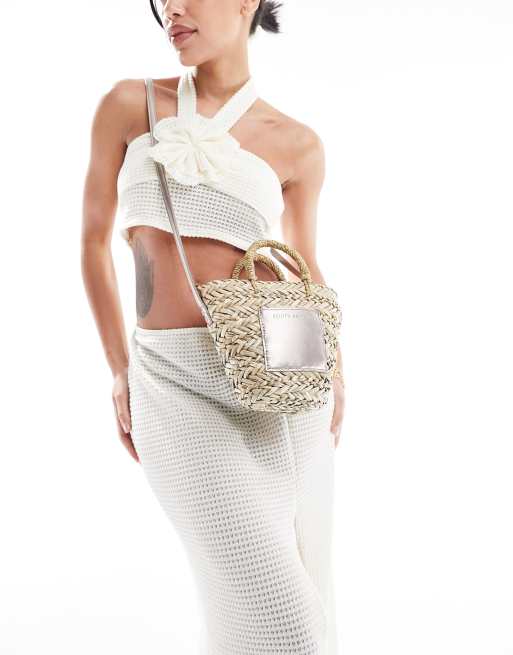 South Beach straw mini cross body bag in metallic