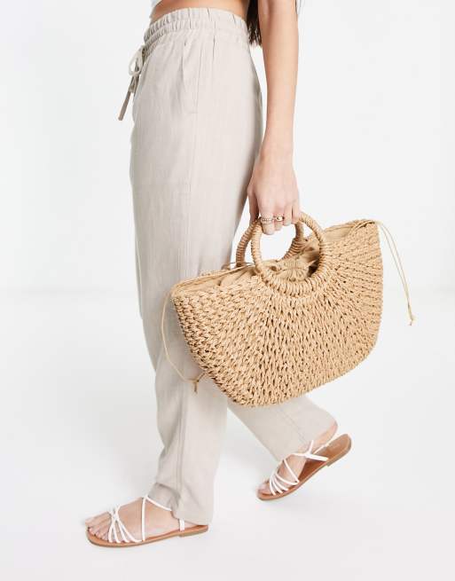 South Beach straw round handle grab beach bag in beige | ASOS