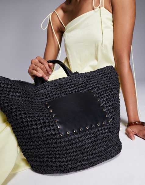 South Beach straw shoulder tote bag with PU panel in black  - view 1
