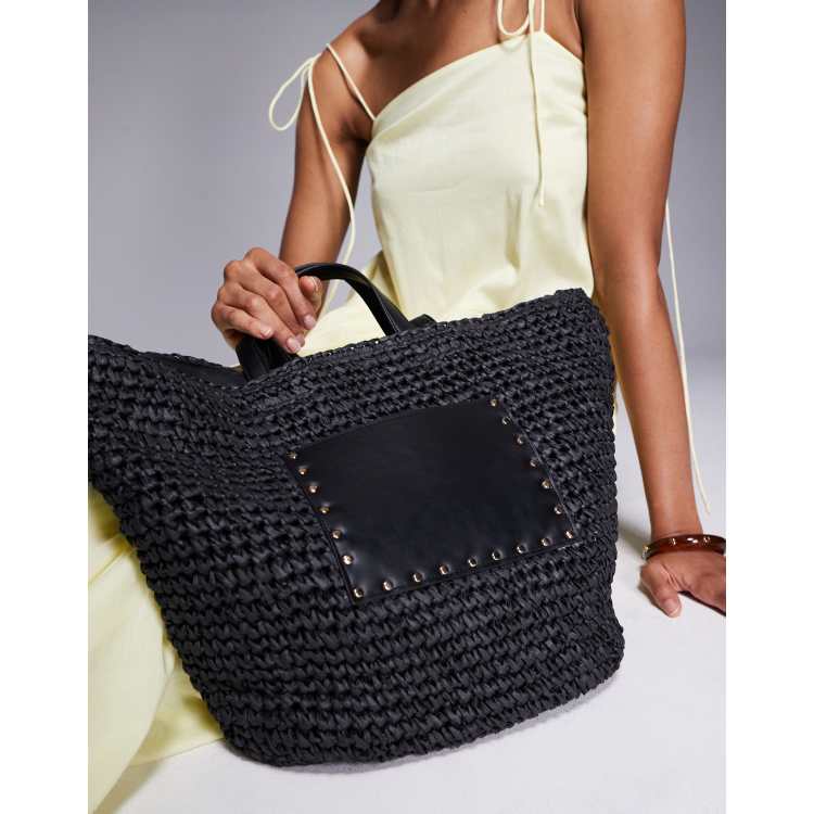 South Beach straw shoulder tote bag with PU panel in black | ASOS