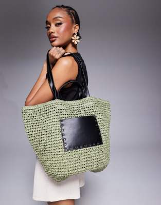 South Beach straw shoulder tote bag with PU panel in olive green