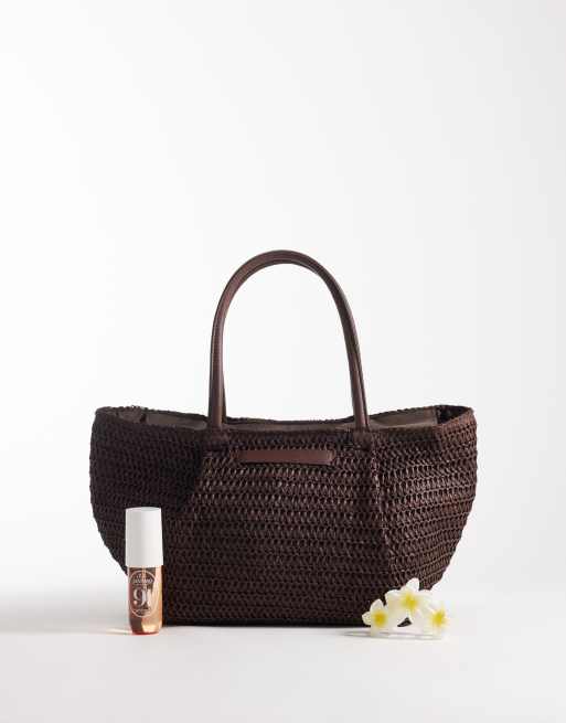 South Beach straw tote bag in chocolate brown , 2 of 4