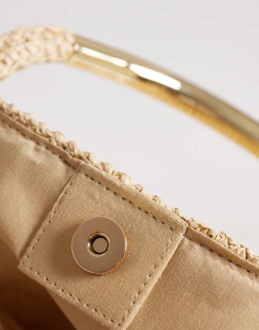 South Beach straw tote bag with gold handle and detachable crossbody strap in natural, 3 of 4
