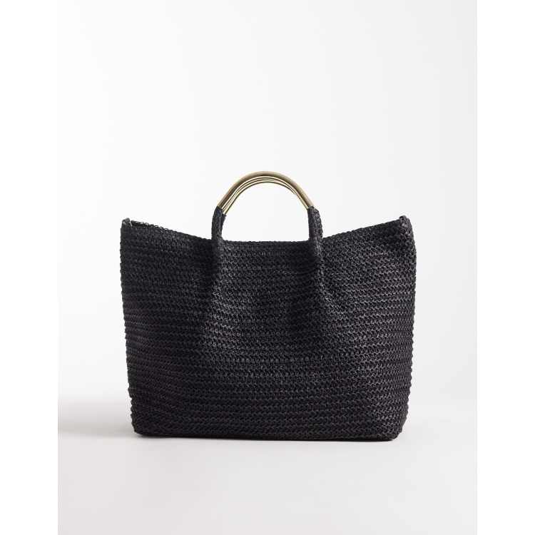 South Beach straw tote bag with gold-tone handle and detachable