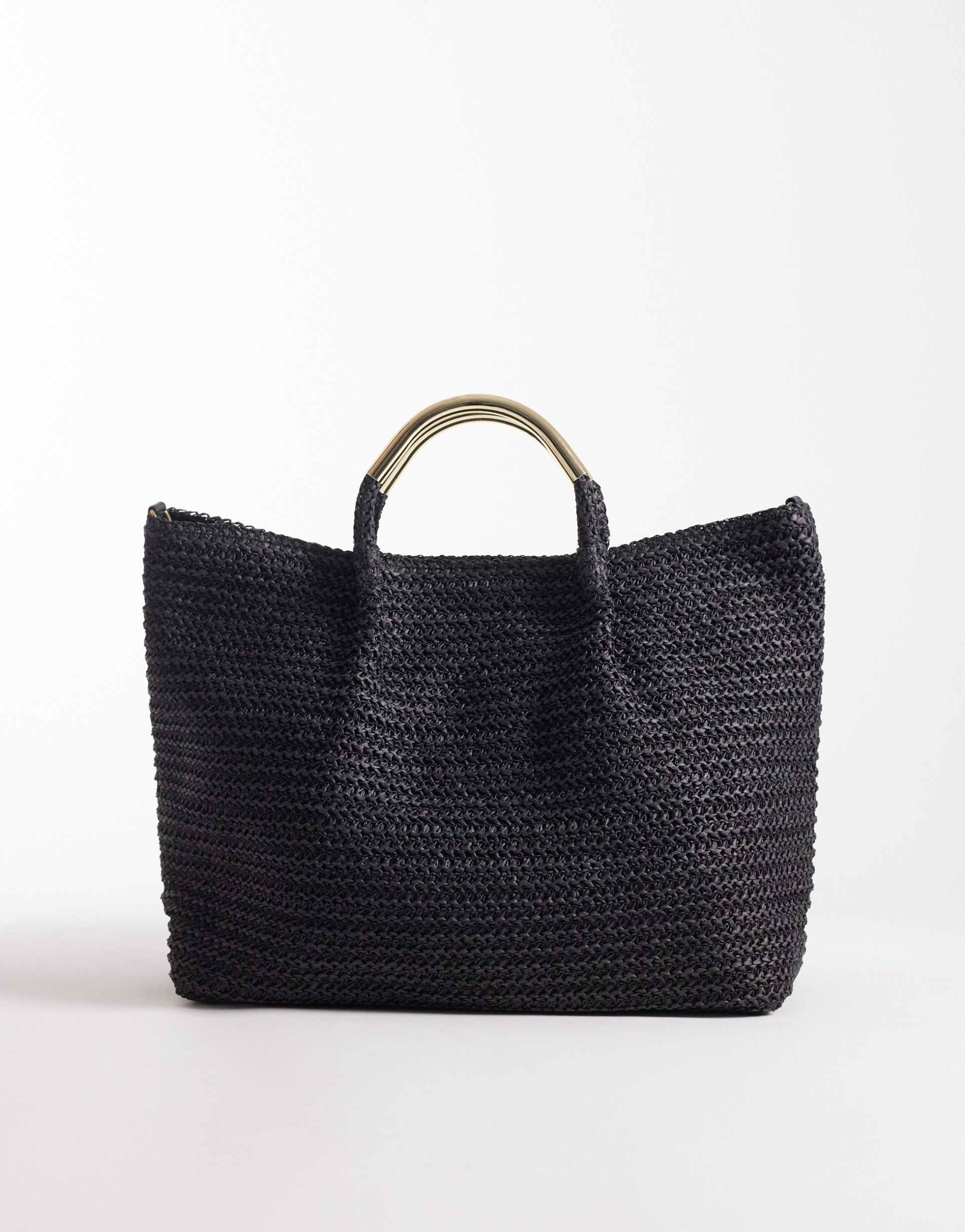 south beach straw tote bag with gold-tone handle and detachable crossbody strap in black