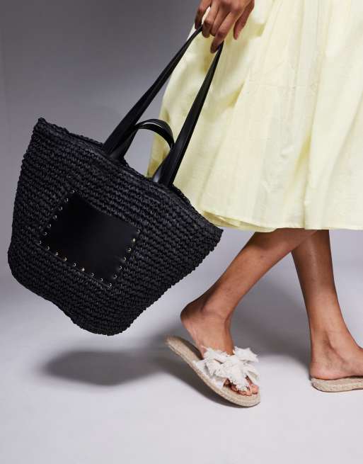 South Beach straw tote shoulder bag with PU panel in black 