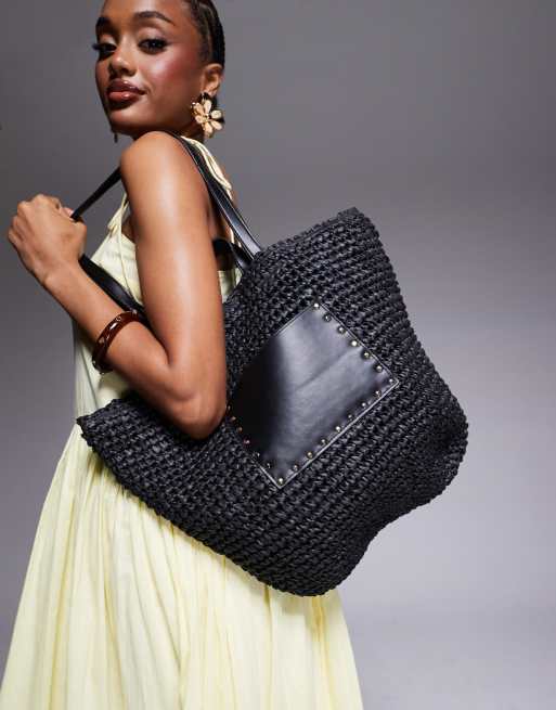South Beach straw tote shoulder bag with PU panel in black 