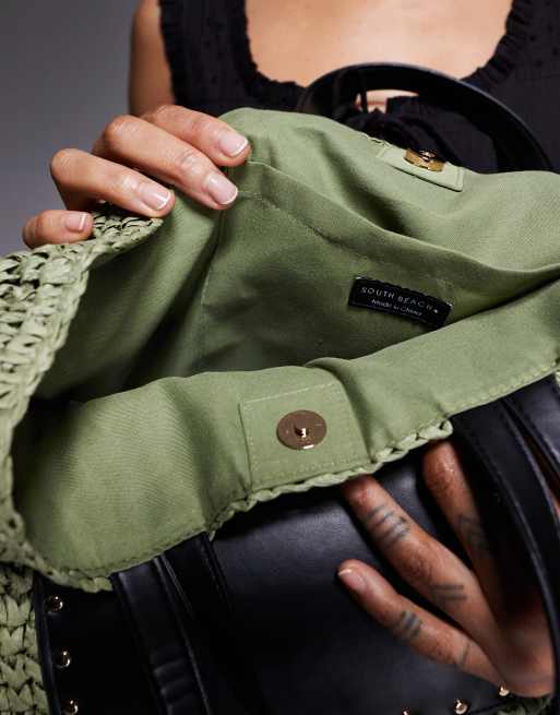South Beach straw tote shoulder bag with PU panel in olive green , 3 of 4