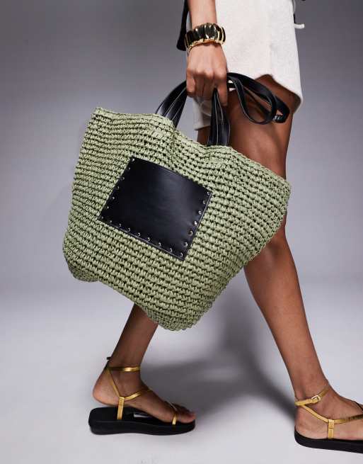 South Beach straw tote shoulder bag with PU panel in olive green 