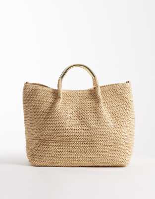 South Beach Straw Tote With Gold-tone Handle And Detachable Crossbody Strap In Blue