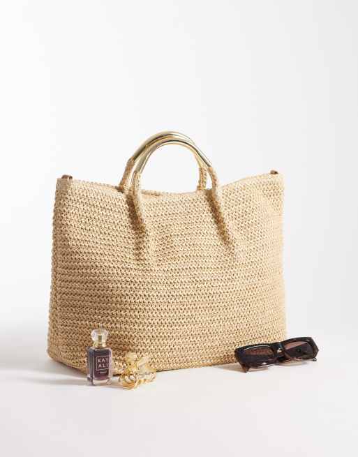 South Beach straw tote with gold-tone handle and detachable crossbody strap in natural, 2 of 4