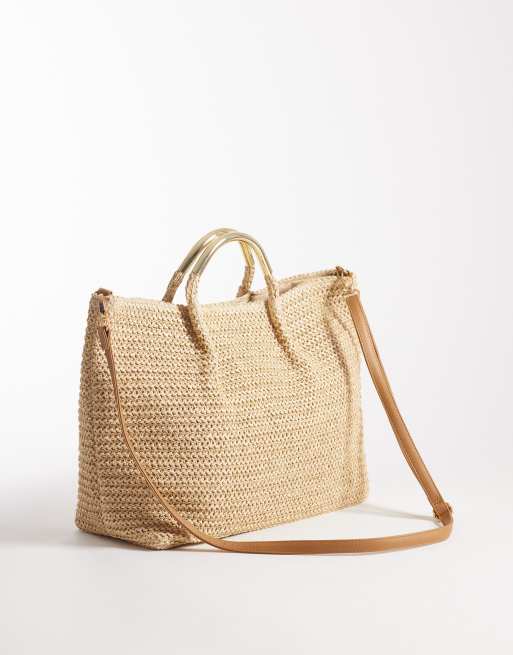 South Beach straw tote with gold-tone handle and detachable crossbody strap in natural, 4 of 4
