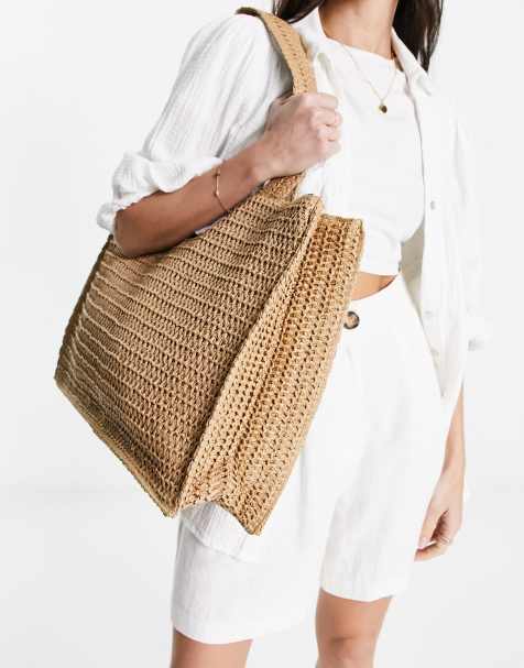 South Beach straw woven shoulder beach tote bag in beige - view 1