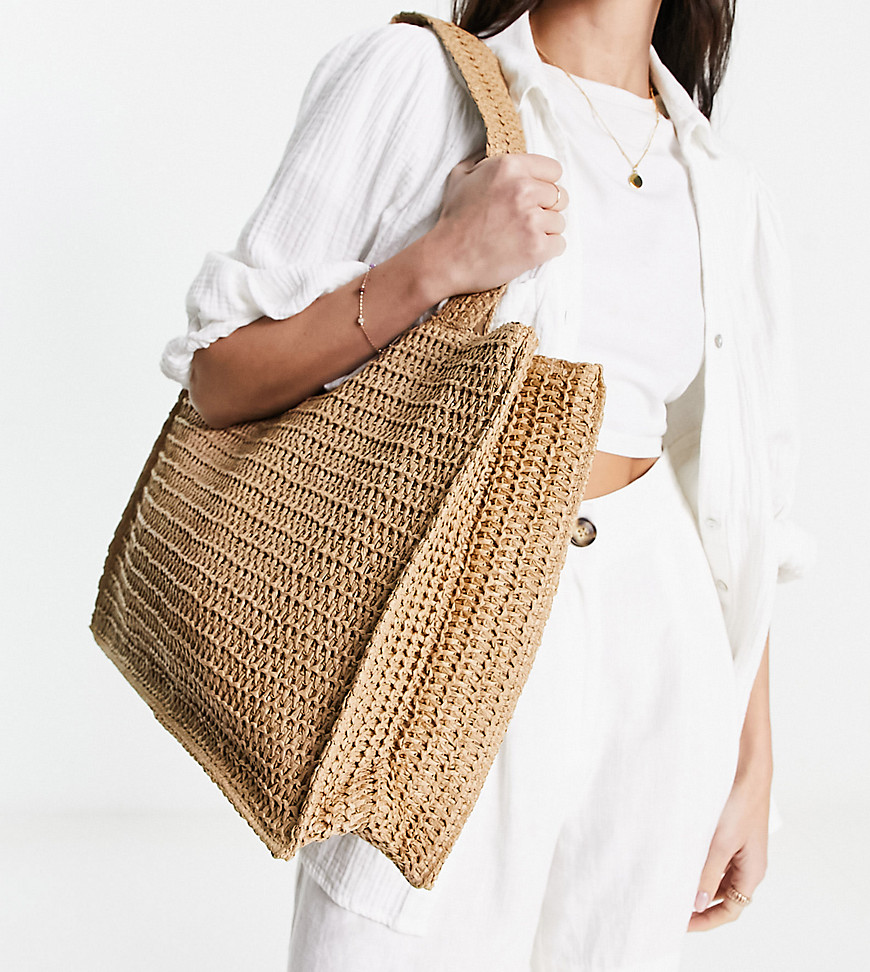 South Beach straw woven shoulder beach tote bag in beige-Neutral