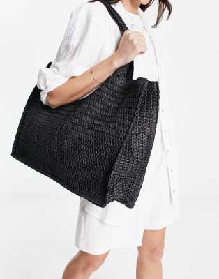 South Beach straw woven shoulder beach tote bag in black - view 1