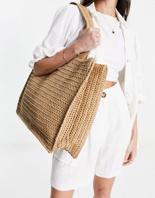 South Beach straw woven shoulder beach tote bag in beige