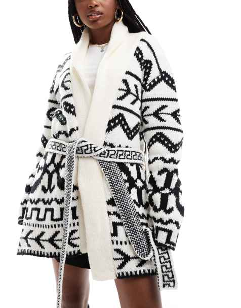 South Beach – Strickjacke in Schwarz-Weiß mit Jacquard-Aztekenmuster und Bindegürtel - view 1