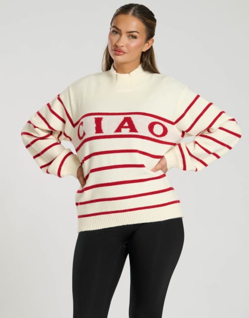 South Beach – Strickpullover in Creme mit Stehkragen, Schriftzug und Streifen