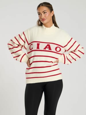 South Beach - Strickpullover in Cremeweiß mit Stehkragen, Schriftzug und Streifen