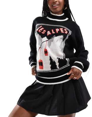 South Beach - Strickpullover in Schwarz mit Stehkragen und „Les Alpes"-Motiv
