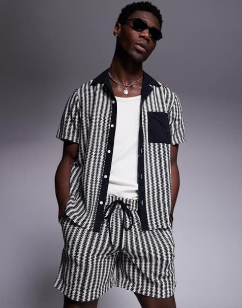 South Beach stripe knit beach shirt co-ord in black - view 1