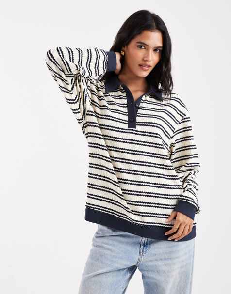 South Beach stripe knitted rubgy tee in navy  - view 1