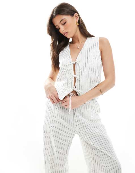 South Beach Stripe Linen Blend Tie Front Waistcoat in Cream