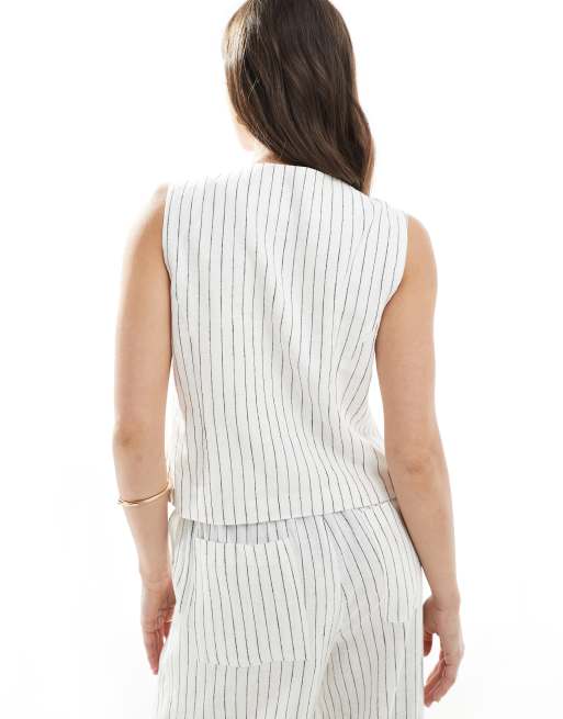South Beach Stripe Linen Blend Tie Front Waistcoat in Cream, 4 of 4