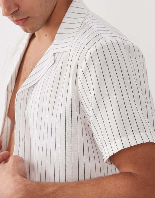 South Beach stripe short sleeve linen-look beach shirt in white, 4 of 5