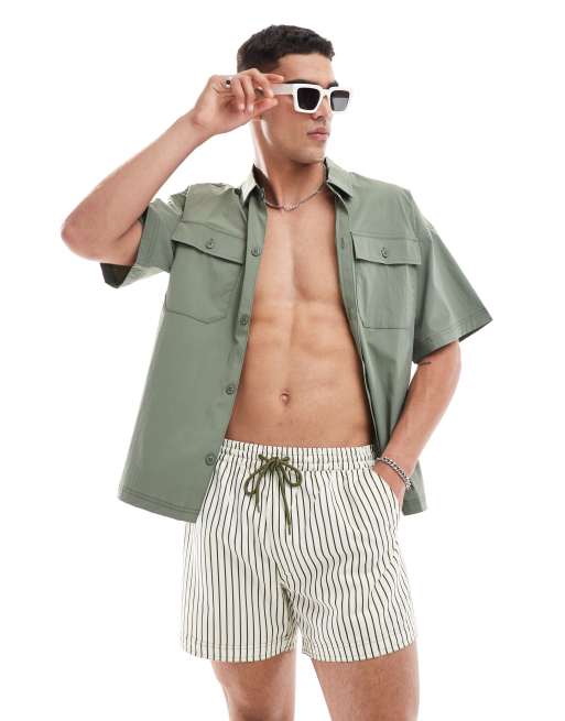 South Beach stripe swim shorts in khaki and cream