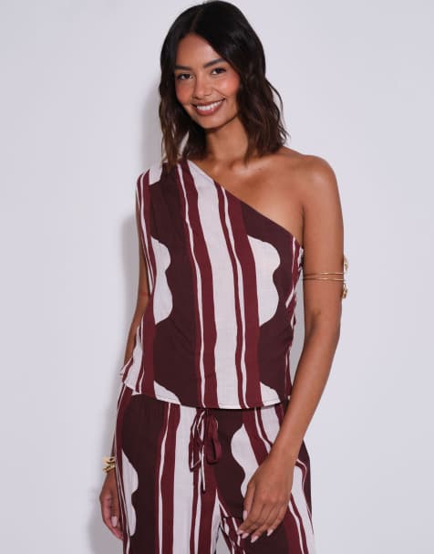 South Beach Striped one shoulder top in multi - view 1