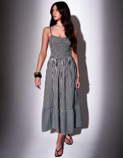 South Beach Striped smocked bodice midi dress in blue - view 1