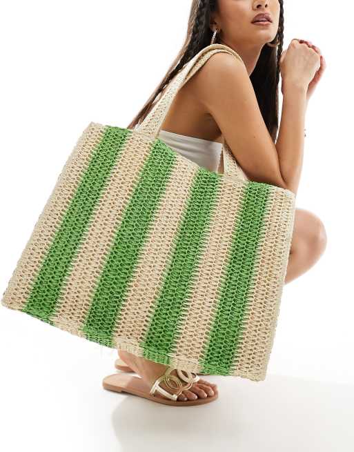 South Beach striped straw woven shoulder tote bag in green and natural  , 4 of 4