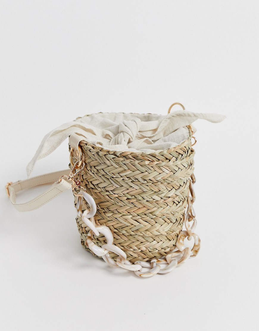 South Beach - Strooien tas met handvat van kunsthars en linnen strikband-Beige