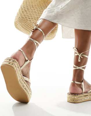 South Beach Studded Flatform Espadrille Sandals In Gold