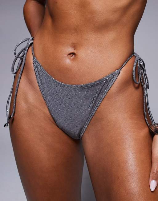 South Beach studded tie side bikini bottoms in gray, 3 of 4