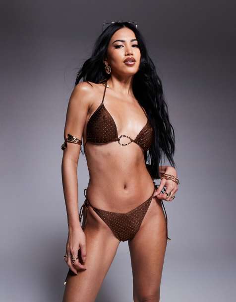South Beach studded tieside bikini bottom in brown - view 1