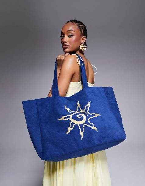 South Beach sun motif terrycloth tote bag in dark navy blue - view 1