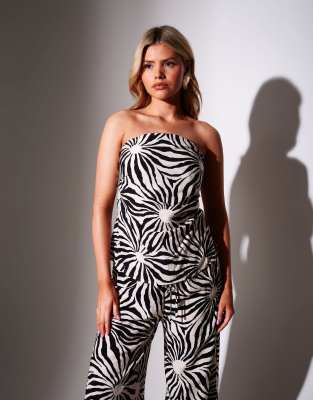 South Beach - Sunburst - Strukturiertes, trägerloses Oberteil in Schwarz-Weiß mit Raffung