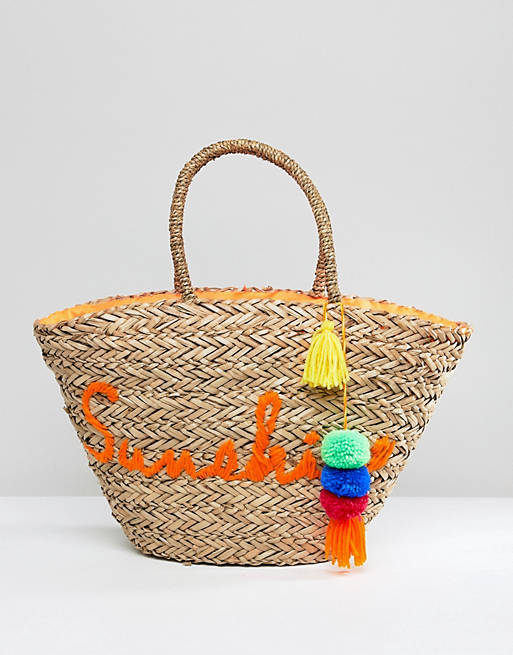 South Beach Sunshine Embroidered Straw Beach Bag