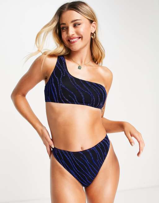 South Beach – Svart och blå bikiniöverdel i one shoulder-design med paljetter och zebraränder